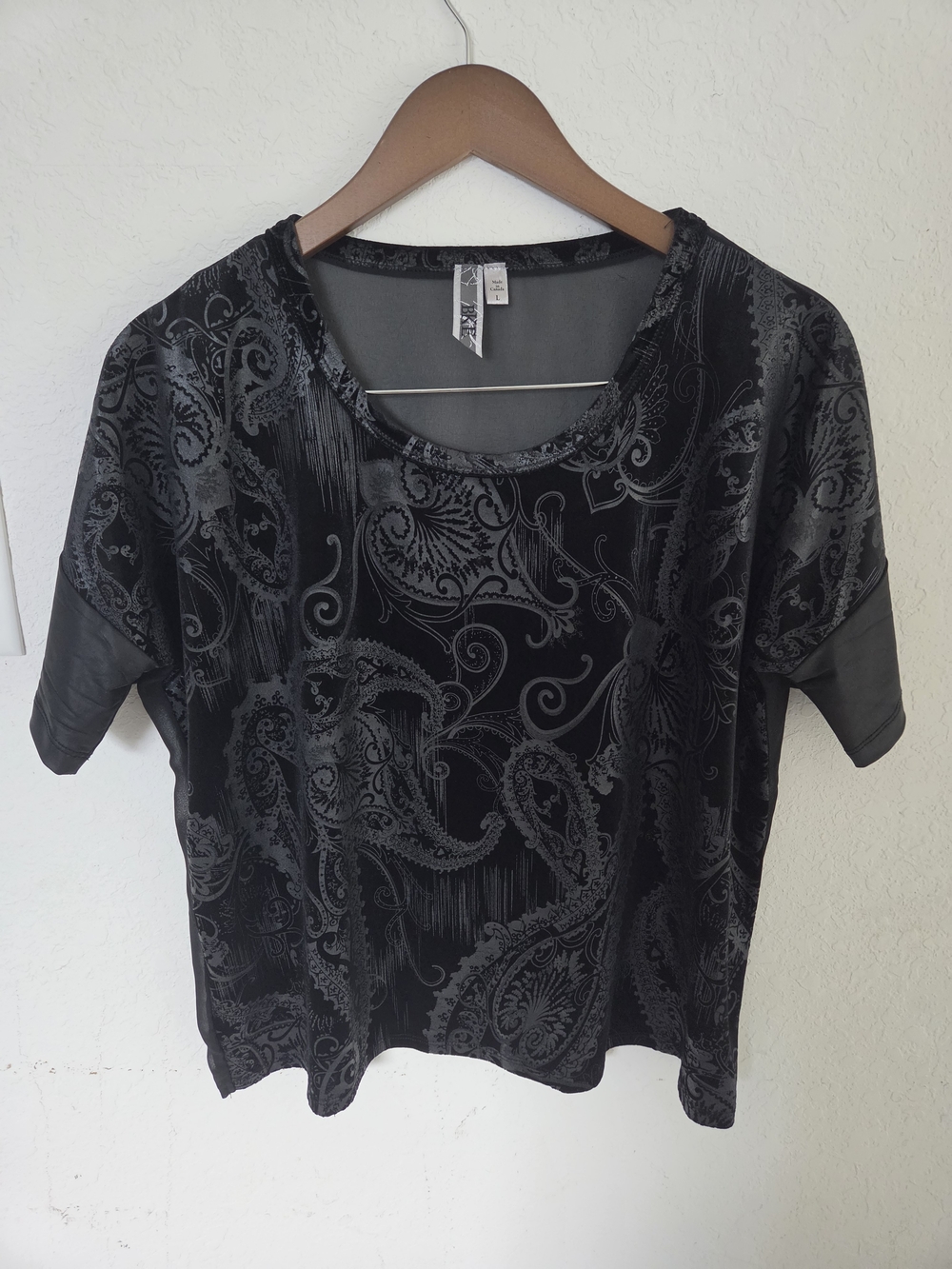 BKE Whimsigoth Black Velvet Paisley Top Women’s L Sheer Back Faux Leather Trim
